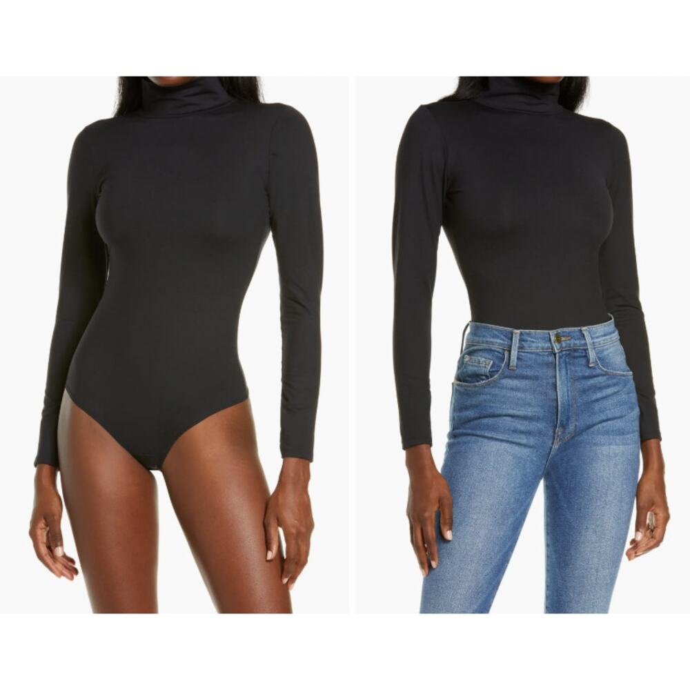 SPANX Black Suit Yourself Mock Neck Long Sleeve Thong Bodysuit (L)
